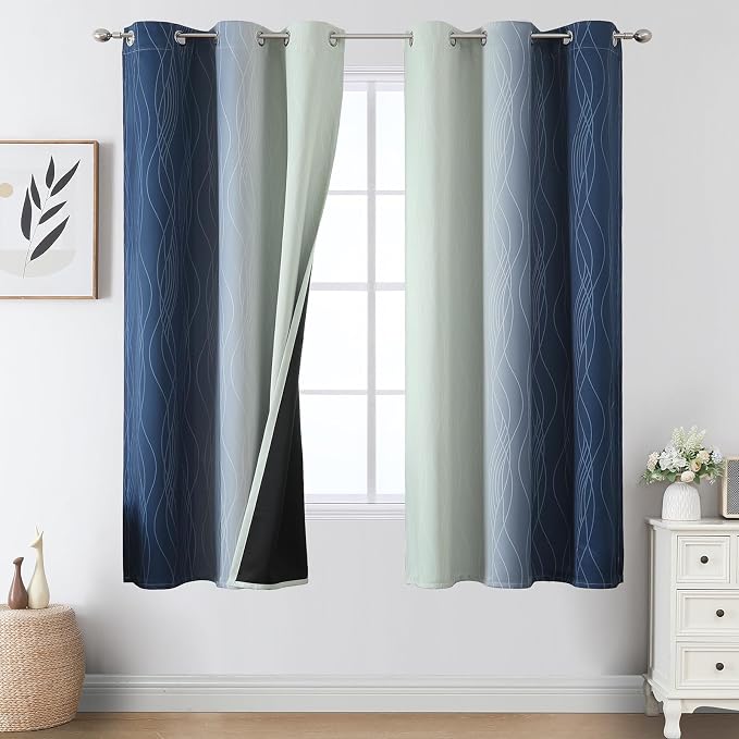 Navy Blue and Sage Green Ombre Blackout Curtains 63 Inches Long 2 Panels by ESTELARTEXTILER