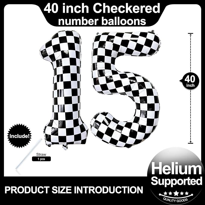 LHOAVWE Number 15 Checkered Balloons 40 Inch Giant Race Car Checkered 15 Number - Image 2
