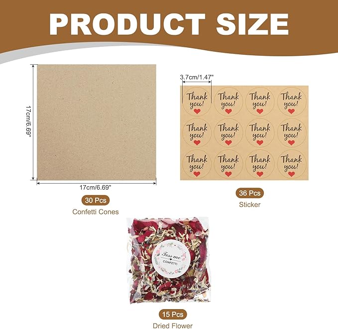 PATIKIL Dried Flower Confetti Cones, 30Pcs Paper Tapers Cone Holder with Dried Rose Petals / Sticker for Wedding Party Engagement Birthday DIY Decoration, Red