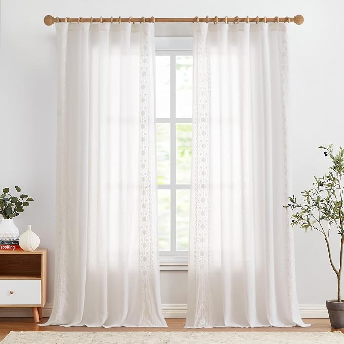 jinchan Floral Linen Curtains Embroidered Back Tab 50x108in 2 Panels White | - Image 3