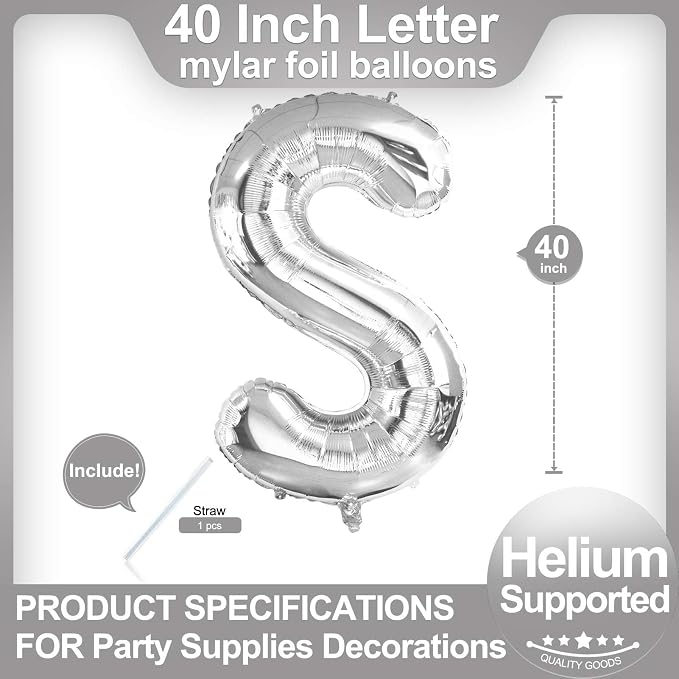 40 Inch Silver Letter S Balloons, DIY Phrase Foil Alphabet Letter S Balloons - Image 2