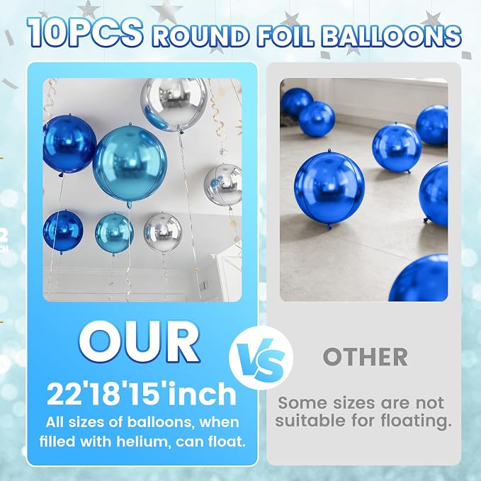 Blue and Silver Round Foil Balloons, Metallic Light Blue Silver Foil Baloon - Image 3