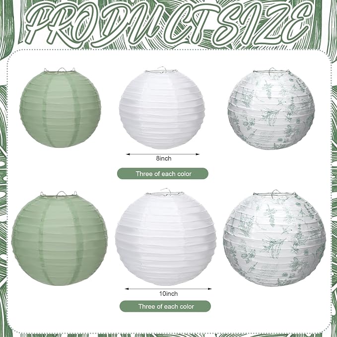 Riakrum 18 Pcs Floral Paper Lantern Set 10" 8" Sage Green and White Flower - Image 2
