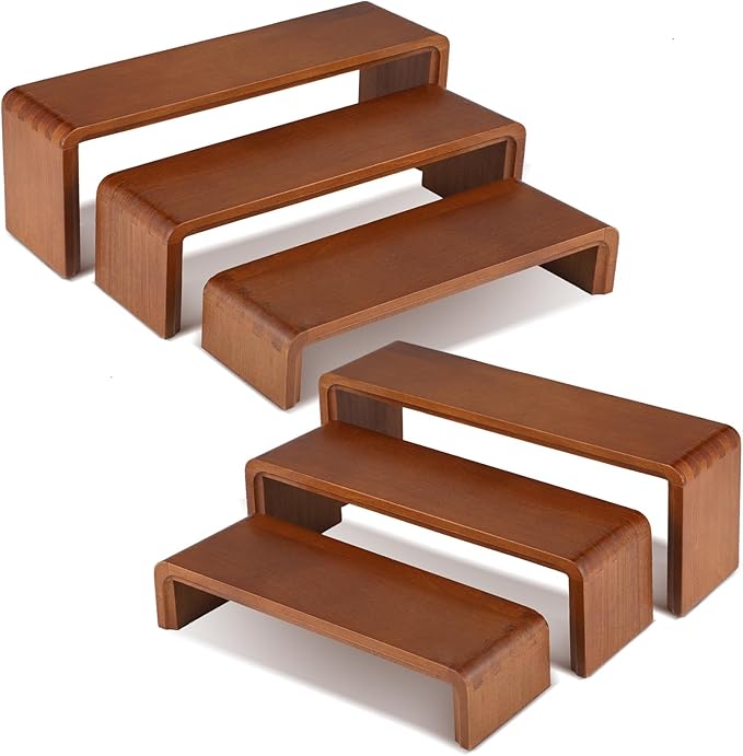 2 Sets, 6 Pieces Total, Wood Risers Display Stand, Cupcake Dessert Cake Stand, Wooden Cologne Perfume Stands, Wooden Riser for Kitchen Counter, Vendor Booth Display Items (Walnut Wood)