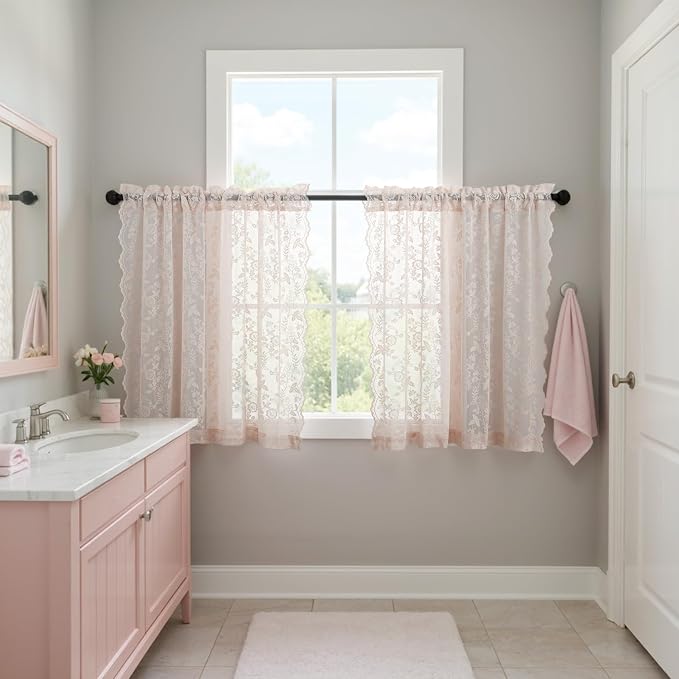 Short Blush Sheer Curtains Rustic Leaf Floral W42xL36 Inch 2 Panels | Rod Pocket - Image 7