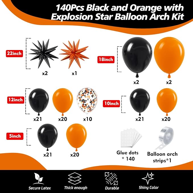 Black and Orange Balloon Arch Kit, 18 12 10 5 Inch Different Size Balloons - Image 2