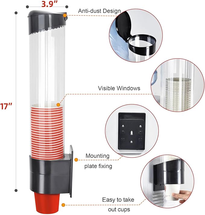 Cup Dispenser, Wall Mount Water Cooler Cup Holder Fits 7-12oz Cups | Pull Type - Image 2