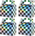 24 Pcs Iridescent Checkered Race Car Party Favor Gable Boxes, Paper Black and Iridescent Car Goodie Treat Boxes, Racecar Laser Plaid Gift Box for Kids Fast Race Cars Birthday Party Decorations