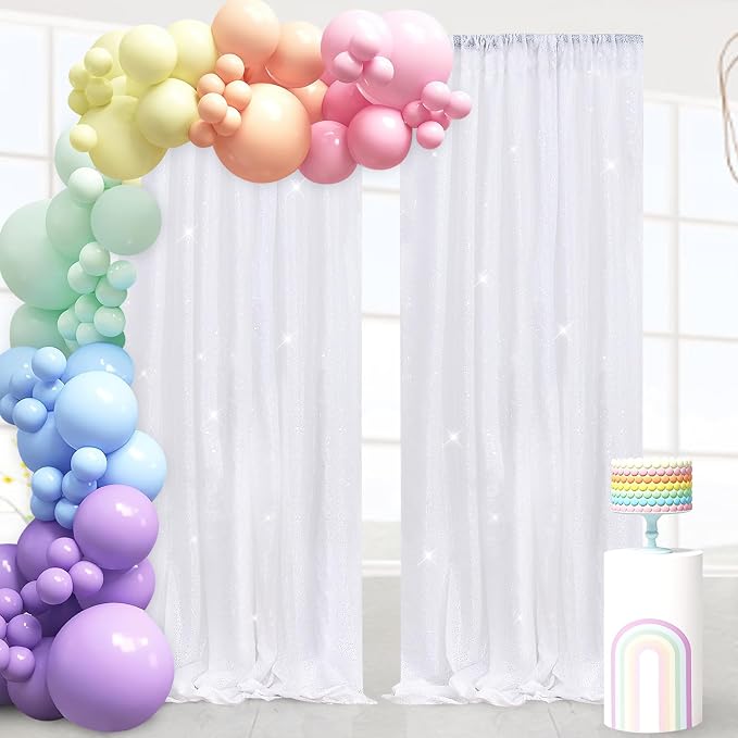 White Sequin Backdrop Curtains Party Photo Glitter Drapes 2 Pcs 2FTx8FT | - Image 4