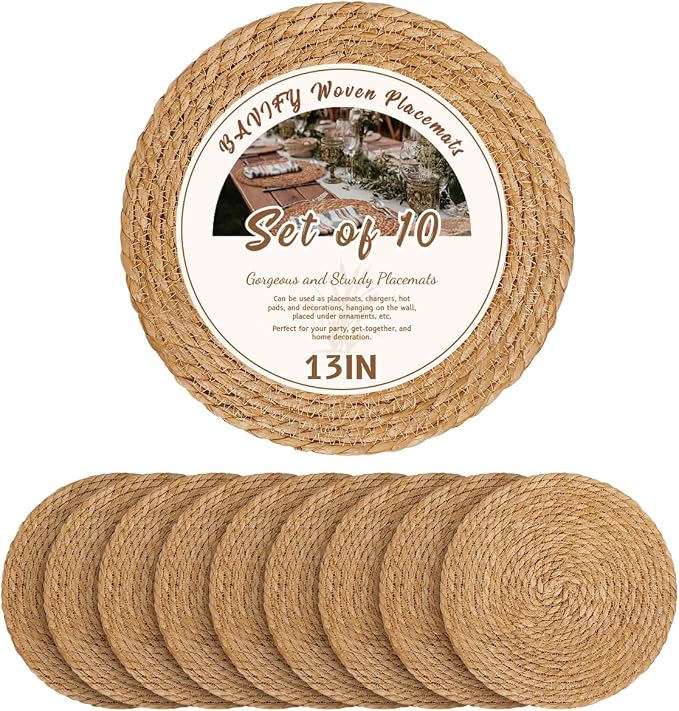 13 in Round Woven Placemats Plate Chargers Set of 10, Boho Farmhouse Rustic by BavifyBaking