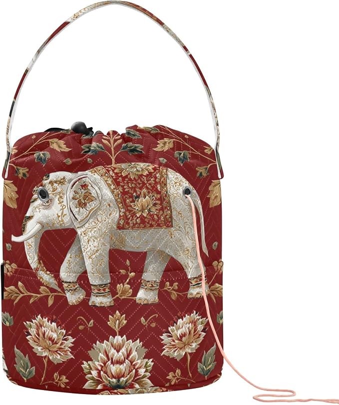 Red Floral Retro Elephants Yarn Bag Small Crochet Bag Drawstring Yarn Storage by Tatenale