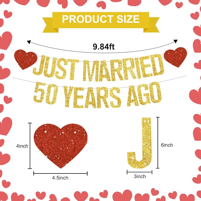Gold Glitter Just Married 50 Years Ago Banner, NO DIY, Pre-Strung 50th Wedding - Image 3