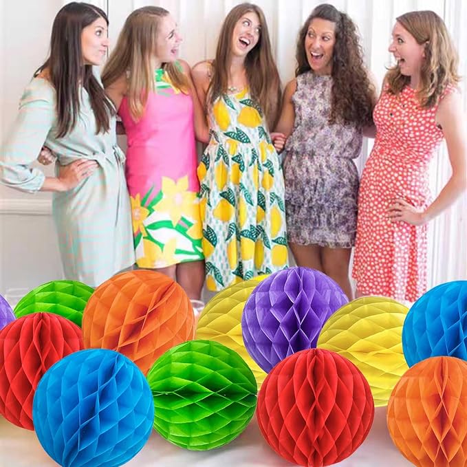 Rainbow Paper Honeycomb Balls, 6 and 10 inch Hanging Tissue Pompoms, 12 Pack - Image 5