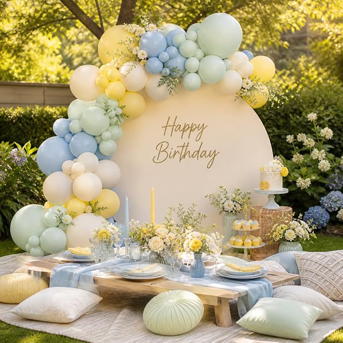 Pastel Green Blue Yellow Balloon Arch Kit, Ivory White Balloons - Image 4