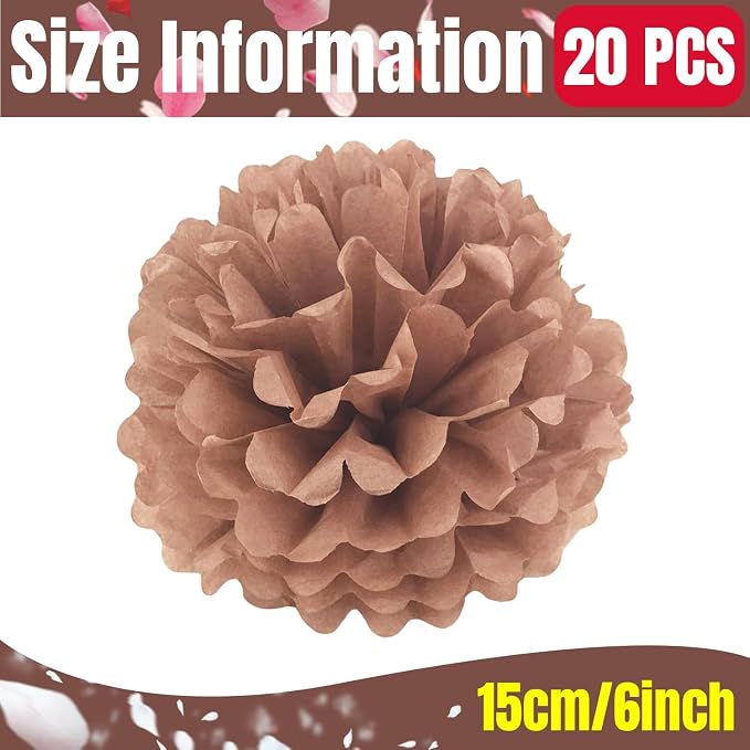 Qimoo 20pcs Coffee Paper Pom Poms Decorations, DIY Decorative Tissue Paper - Image 2