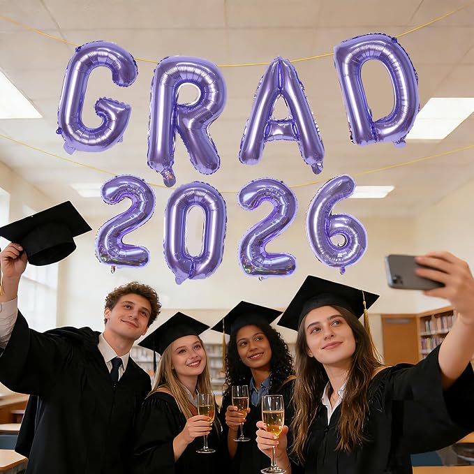 Purple GRAD 2026 Banner Balloons, 16 Inch Mylar Foil letter Graduation Balloons - Image 3