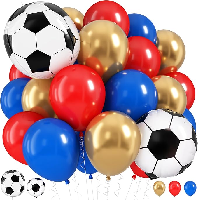 Soccer Balloons, 12 Inch Red and Blue Metallic Gold Latex Balloons by HILAVO