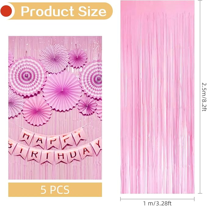 5 Pack Pink Foil Curtain Backdrop 3.2ft x 8.2ft Tinsel Foil Fringe Curtains - Image 3