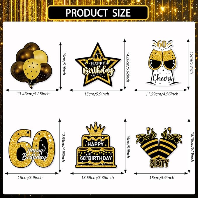 Mxdfafa 39Pcs Black Gold Glitter 60th Birthday Decorations Kit, 60th Bday Party - Image 6