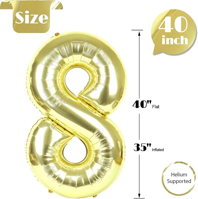 Light Gold Number 8 Balloon 40 Inch, 8th Birthday Decorations Men Women | Foil - Image 5