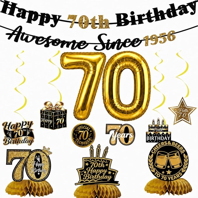 70th Birthday Decorations For Men Women, Pre-Strung Black Gold Happy 70th by Unknown