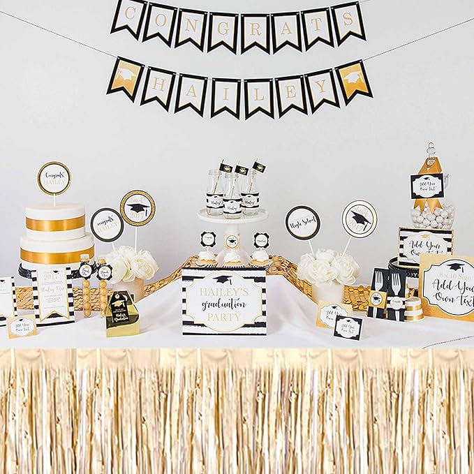 3 Pack 29 x108 Inch Champagne Gold Foil Fringe Table Skirts Metallic Banner for Tinsel Streamer Garland Backdrop for Parade Floats Mother's Day, Graduate, Birthday, Wedding Party Decoration