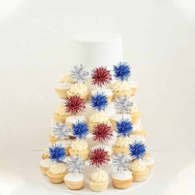 30 PCS Foil Firework Cupcake Toppers Sparkle Tinsel Cupcakae Picks 4th of July - Image 7