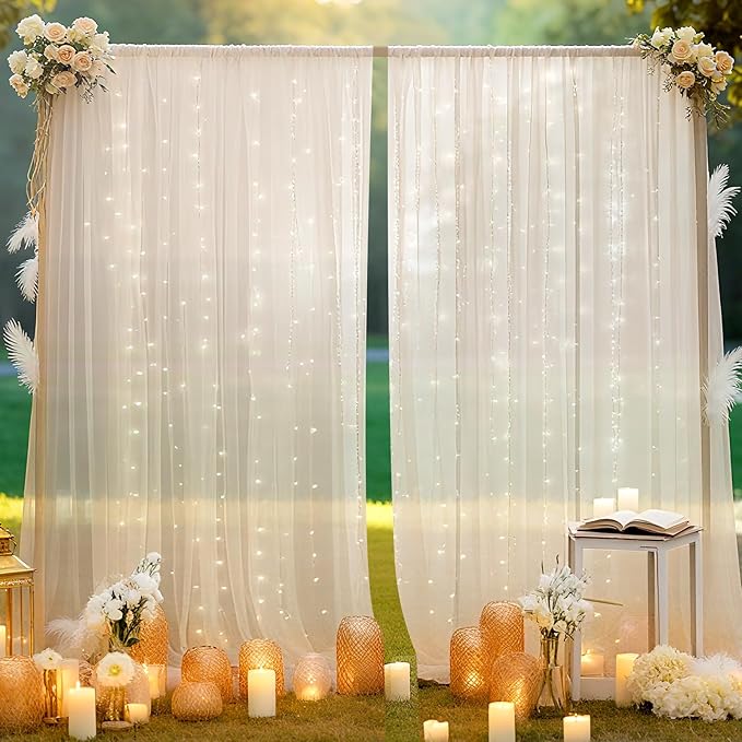 10×8ft Tulle Backdrop Curtains with Lights String - 300LED Fairy Lights Sheer Curtain Backdrop for Weddings Baby Shower and Birthday Party Decorations(2 Panels 5×8ft)