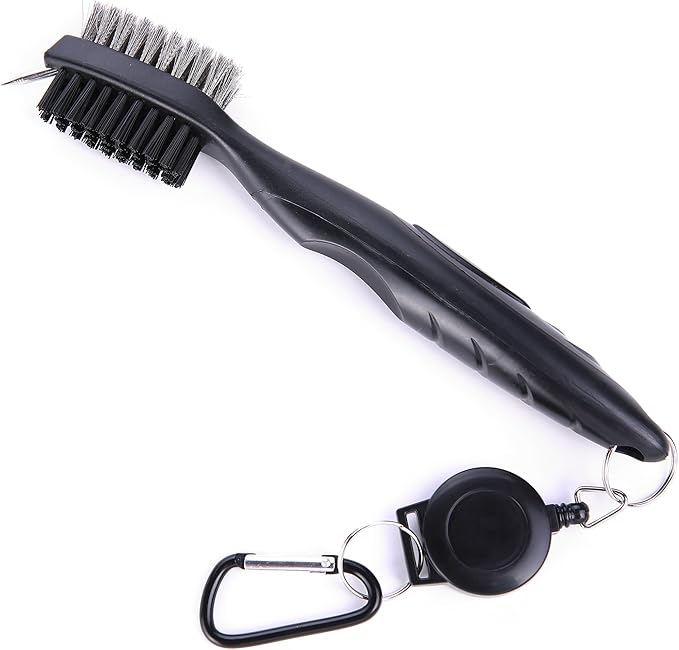 Mile High Life Microfiber Waffle Pattern Golf Towel | Club Groove Cleaner Brush | Foldable Divot Tool with Magnetic Ball Marker (Black w/red Towel/Brush/Curve Divot)