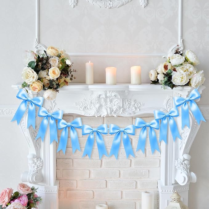 1 String of 8PCS Blue Bow Garland Banner Decoration, Pre-Strung Satin Ribbon - Image 5