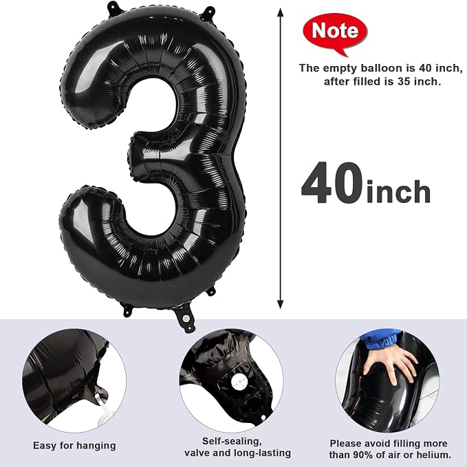 Number 3 Balloons Birthday Decorations, 40In Black Balloons - Image 5