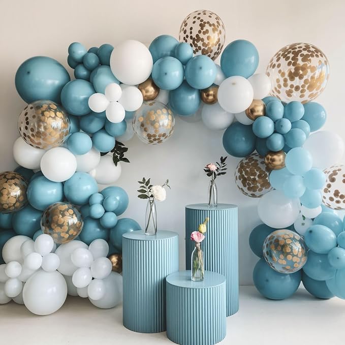 Dusty Blue and Gold Balloons, 12 Inch Blue Gold Balloons, Retro Fog Blue - Image 4