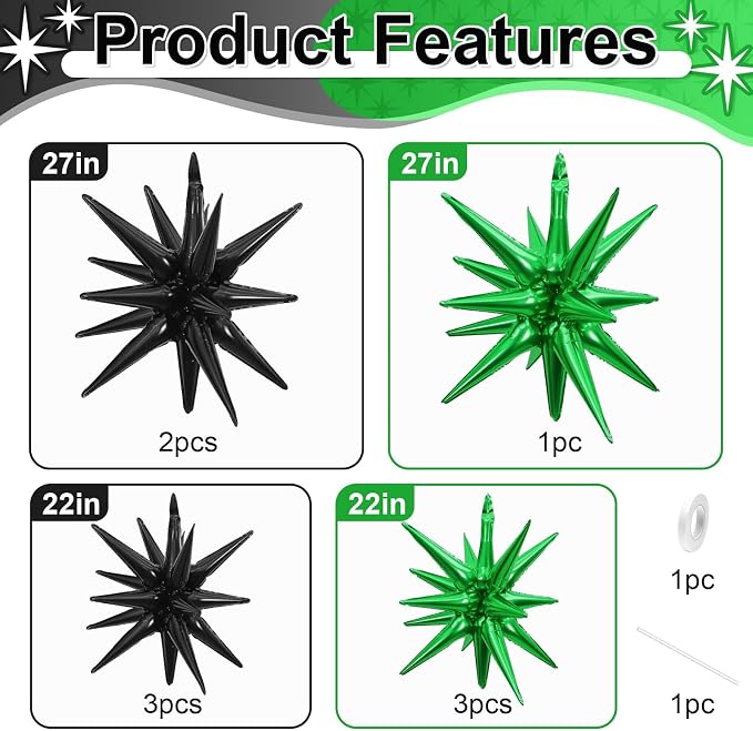 9Pcs Green and Black Star Balloons, Large Explosion Foil Balloons, Metallic - Image 2