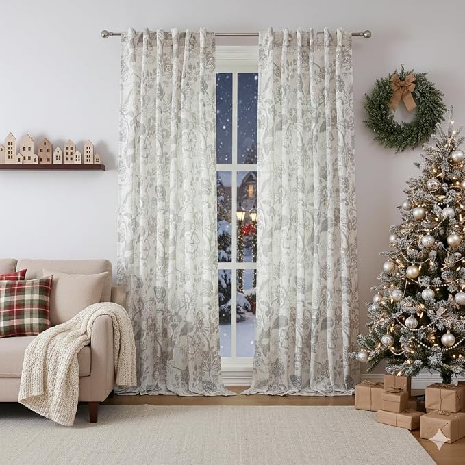Kayne Studio Grey Jacobean Floral Rod Pocket Semi Sheer Curtains 90 Inches | - Image 9