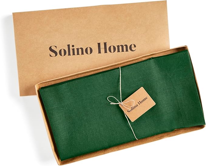 Solino Home Linen Square Tablecloth 52 x 52 Inch - 100% Pure Linen Pine Green Table Throw - Fete, Machine Washable Table Cloth for Fall, Autumn, Thanksgiving, Christmas