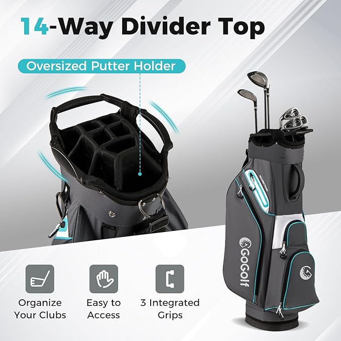 Tangkula Golf Cart Bag, Lightweight Golf Bag with 14-Way Divider Top, Portable Golf Club Organizer Bag with Cooler Pocket, Adjustable Shoulder Strap, Rain Hood & Umbrella Holder for Men & Women