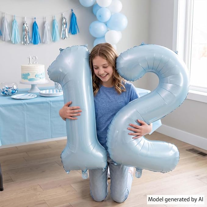 Baby Blue Number 12 Balloon 40 Inch, Foil Sky Pastel Numeral Party Supplies | - Image 2