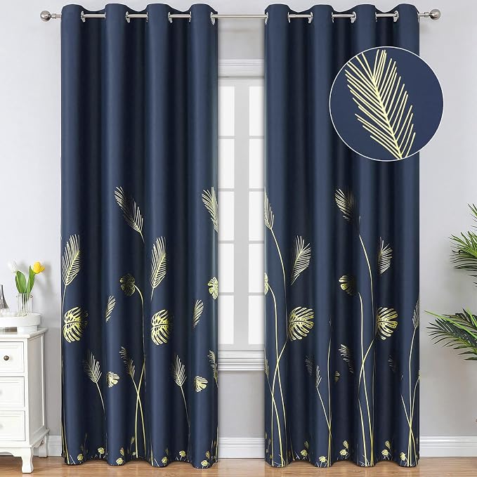 Blackout Curtains Grommet 96 Inches Long Elegant Gold Palm Tree and Wheat Print by ESTELARTEXTILER