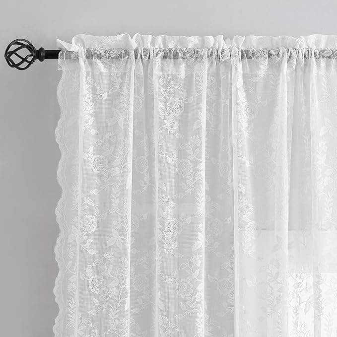 FINECITY Short White Lace Curtains Rustic Leaf Floral W42xL36 Inch 2 Panels | - Image 4