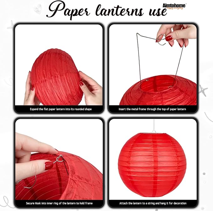 10 Pcs Paper Lanterns Decor, 8 & 10 Inch Hanging Round Lanterns in Red Black - Image 4