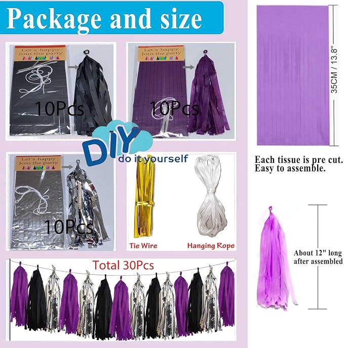 Purple, and Metallic Silver Tassel 30Pcs Tissue Paper Tassels Garland DIY - Image 2