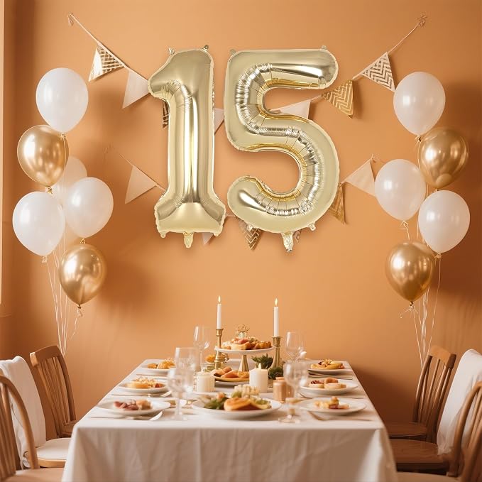 Champagne Gold Large Number 15 Balloon, 40 Inch Light Gold Foil Helium Number - Image 3