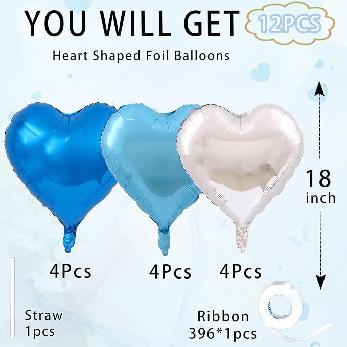 Silver Heart Balloons, 18inch Bright Blue Heart Shaped Foil Balloons & Blue - Image 3