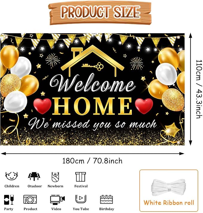 AIBIIN Welcome Home Banner Decorations Black Gold Welcome Home Backdrop - Image 2