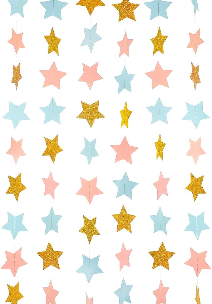 WEVEN Pink Blue Gold Star Garland Glitter Paper Streamers Twinkle Star Banner by WEVEN