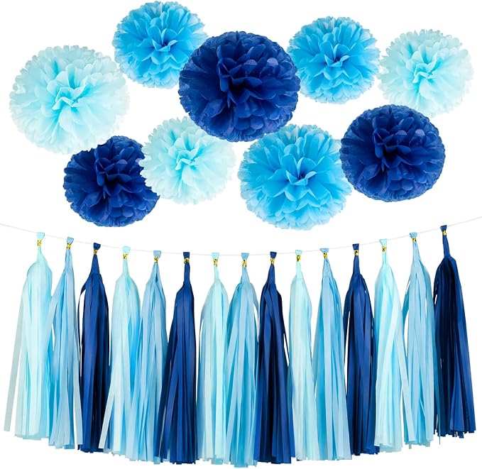 Blue Tissue Paper Tassel Garland 15 Pcs & Tissue Paper Pom Poms 6 Pcs Set by Sirmme