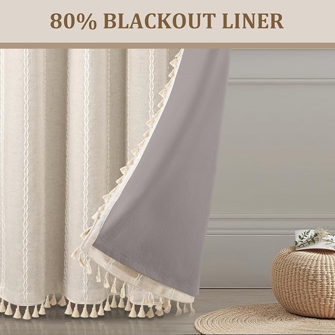 80% Boho Blackout Curtains 72 Inch Linen Blend Drapes 2 Panels | Vintage - Image 3