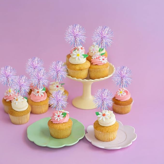 Gyufise 30Pcs Foil Firework Cupcake Toppers Sparkle Tinsel Cake Toppers Tinsel - Image 4
