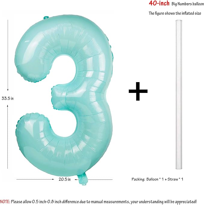 Macaron Blue Number 3 Balloon 40in Large Helium Foil Polyester Film Balloon | - Image 2