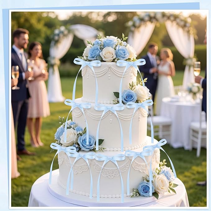 30 Pack Bow Cake Toppers Light Blue Ribbons Bows - Image 5